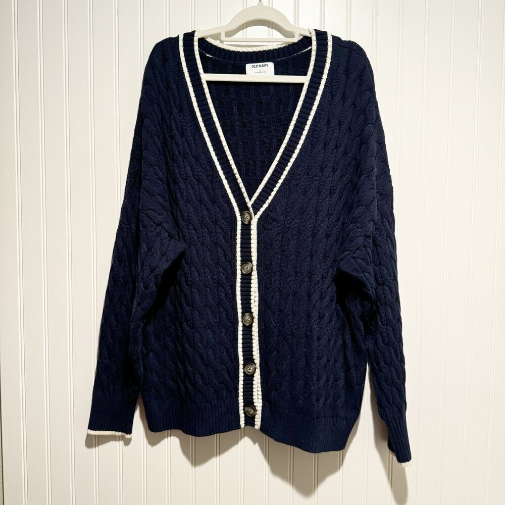 Old Navy Varsity Cardigan Sweater Cableknit Slouchy Oversized Navy Blue XL